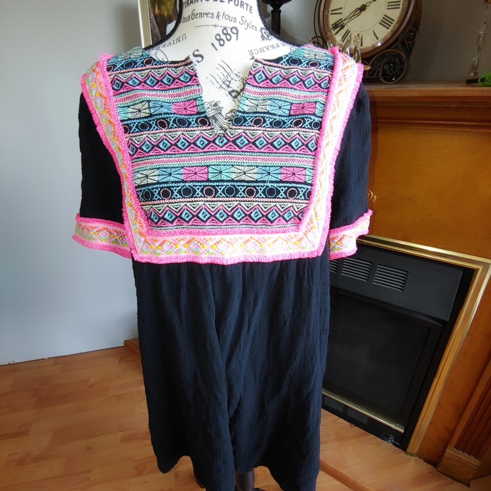 Entro Black Baby Doll Dress With Embroidered V-Neck.